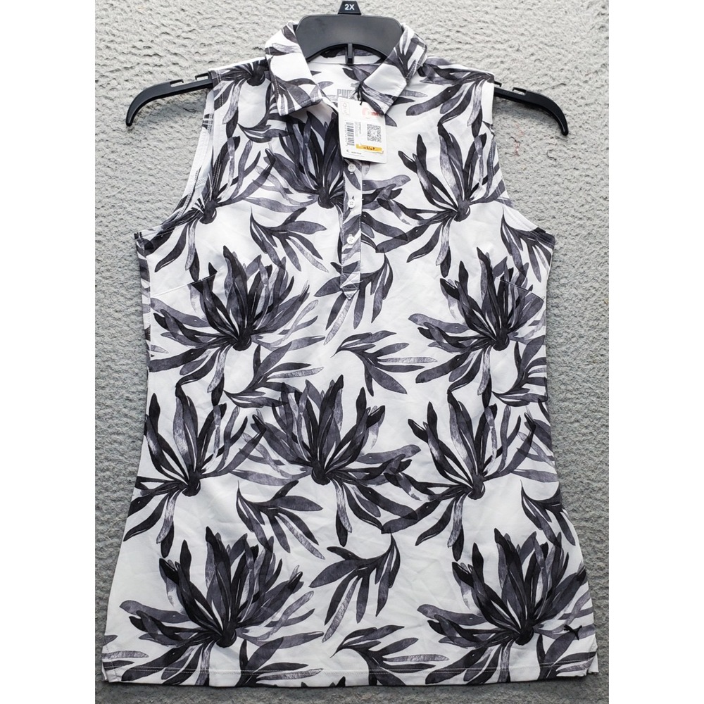 PUMA Golf Polo Shirt Women's S Multi Palm Leaf Print Performance Sleeveless Slit